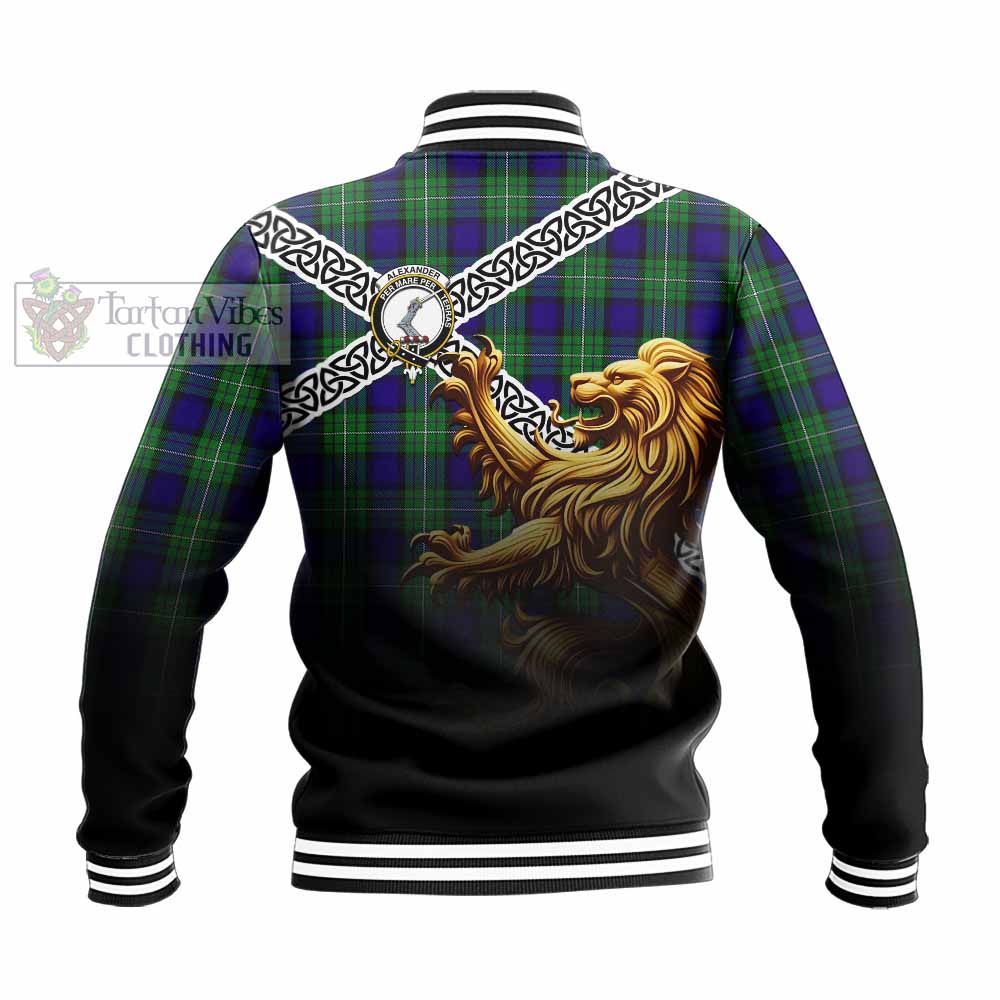 Tartan Vibes Clothing Alexander Crest Tartan Baseball Jacket with Golden Lion Emblem Celtic Style