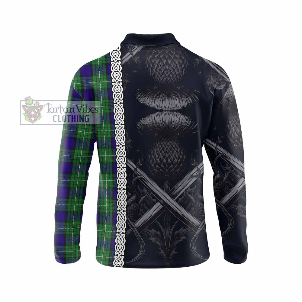 Tartan Vibes Clothing Alexander Tartan Long Sleeve Polo Shirt with Family Crest Cross Sword Thistle Celtic Vibes