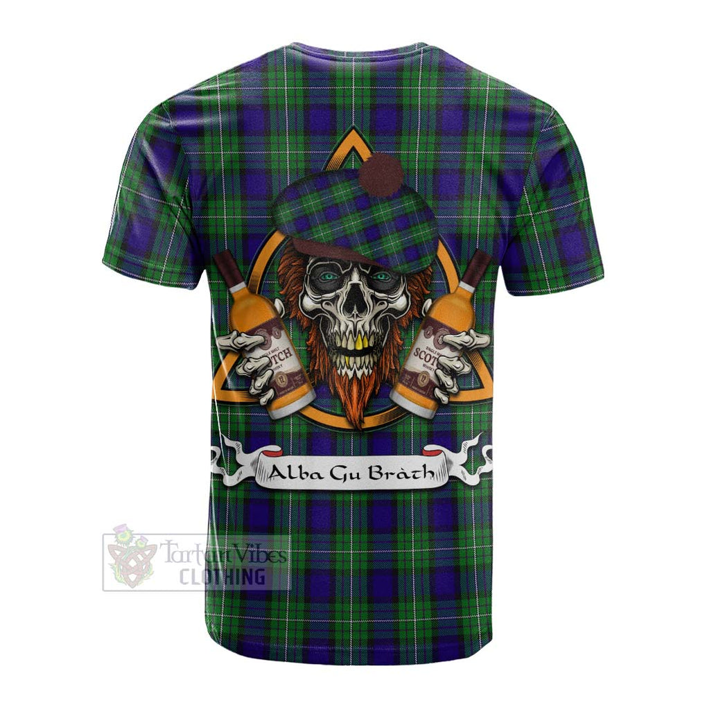 Tartan Vibes Clothing Alexander Tartan Cotton T-shirt with Family Crest and Bearded Skull Holding Bottles of Whiskey