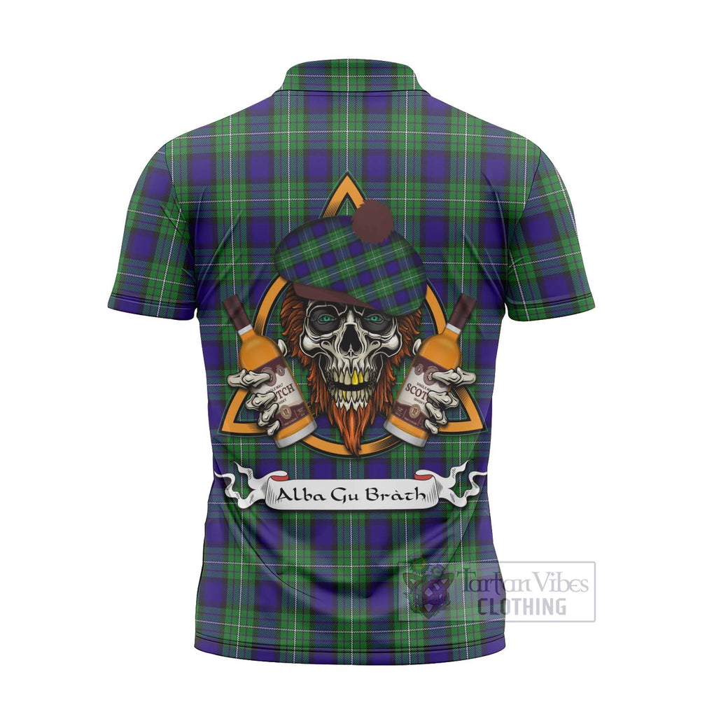 Tartan Vibes Clothing Alexander Tartan Zipper Polo Shirt with Family Crest and Bearded Skull Holding Bottles of Whiskey