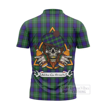 Tartan Vibes Clothing Alexander Tartan Zipper Polo Shirt with Family Crest and Bearded Skull Holding Bottles of Whiskey