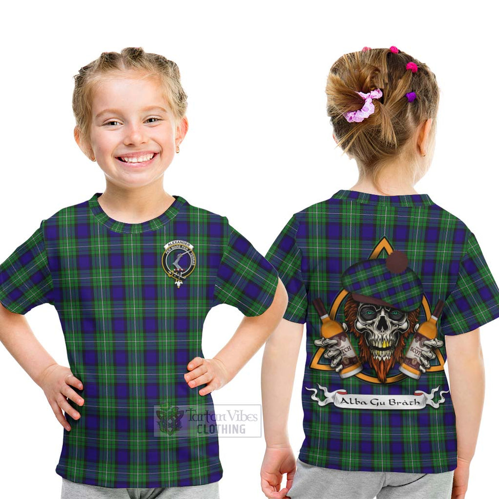 Tartan Vibes Clothing Alexander Tartan Kid T-Shirt with Family Crest and Bearded Skull Holding Bottles of Whiskey