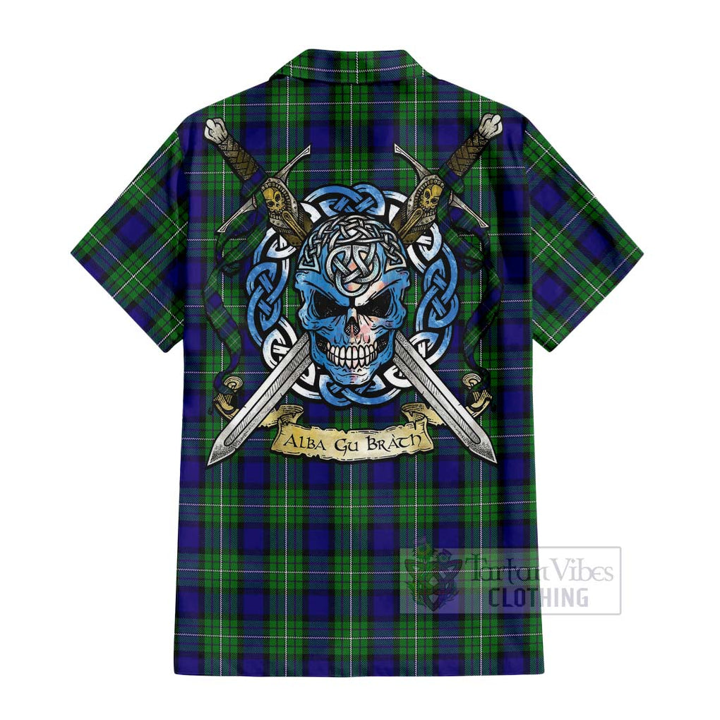 Tartan Vibes Clothing Alexander Tartan Short Sleeve Button Shirt with Family Crest Celtic Skull Style
