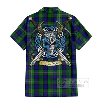 Tartan Vibes Clothing Alexander Tartan Short Sleeve Button Shirt with Family Crest Celtic Skull Style