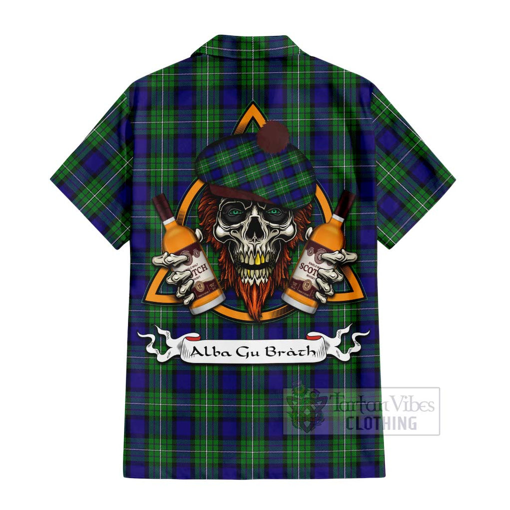 Tartan Vibes Clothing Alexander Tartan Short Sleeve Button Shirt with Family Crest and Bearded Skull Holding Bottles of Whiskey
