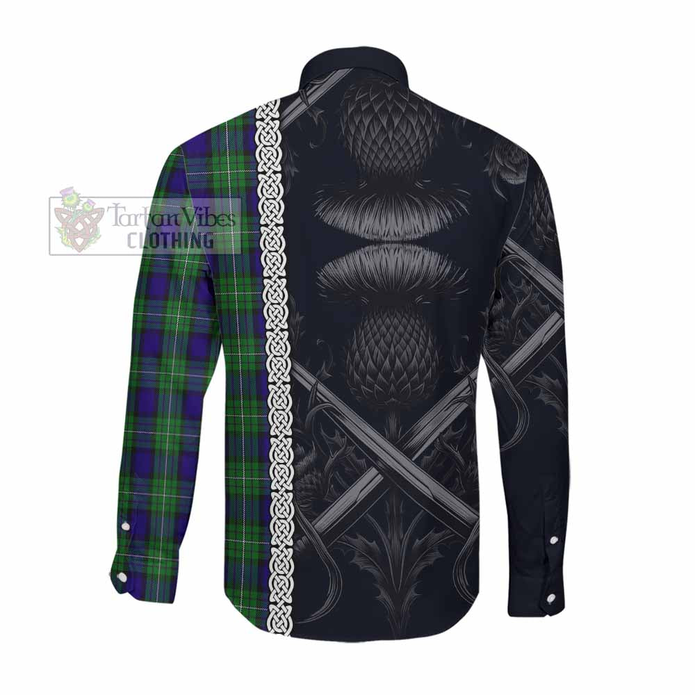 Tartan Vibes Clothing Alexander Tartan Long Sleeve Button Shirt with Family Crest Cross Sword Thistle Celtic Vibes