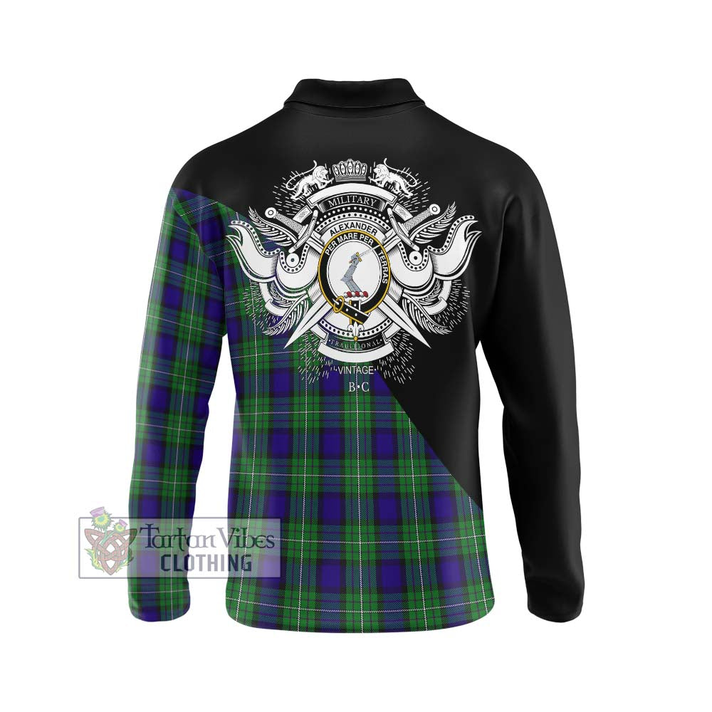 Alexander Tartan Long Sleeve Polo Shirt with Family Crest and Military Logo Style - Tartanvibesclothing Shop
