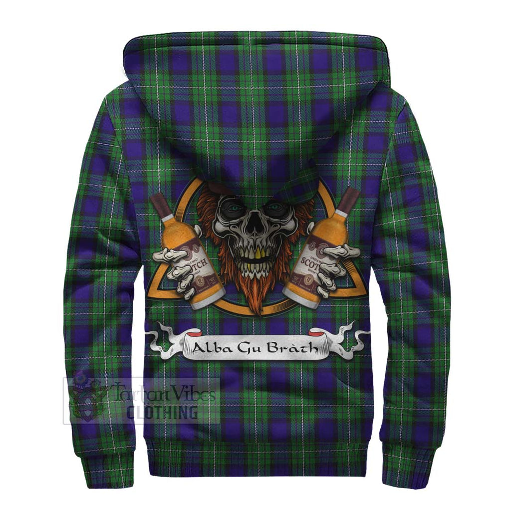 Tartan Vibes Clothing Alexander Tartan Sherpa Hoodie with Family Crest and Bearded Skull Holding Bottles of Whiskey