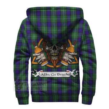 Tartan Vibes Clothing Alexander Tartan Sherpa Hoodie with Family Crest and Bearded Skull Holding Bottles of Whiskey
