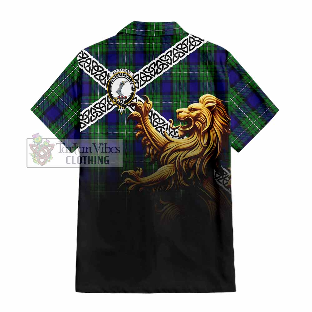 Tartan Vibes Clothing Alexander Crest Tartan Short Sleeve Button Shirt with Golden Lion Emblem Celtic Style