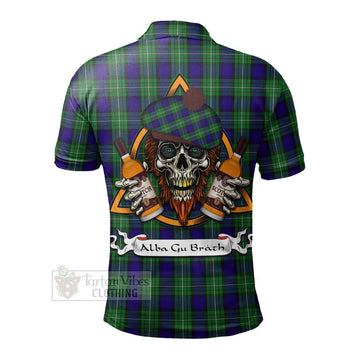 Tartan Vibes Clothing Alexander Tartan Polo Shirt with Family Crest and Bearded Skull Holding Bottles of Whiskey