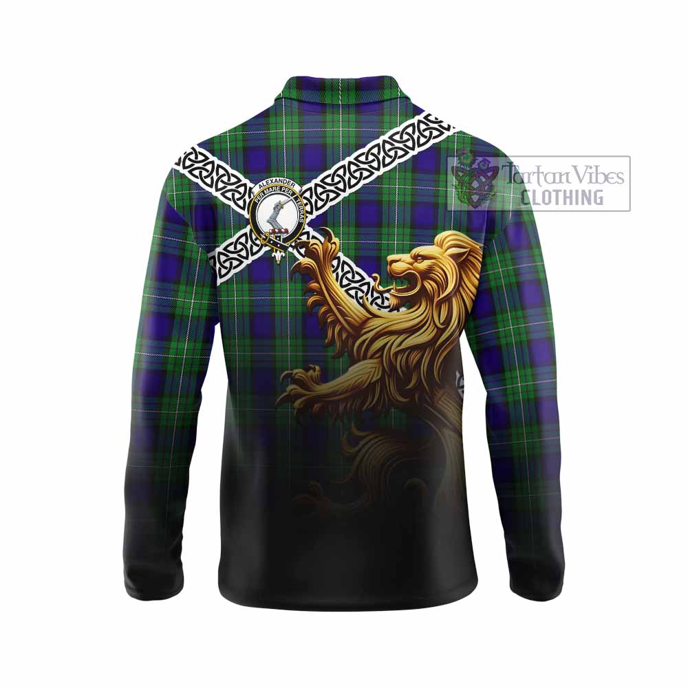 Tartan Vibes Clothing Alexander Crest Tartan Long Sleeve Polo Shirt with Golden Lion Emblem Celtic Style
