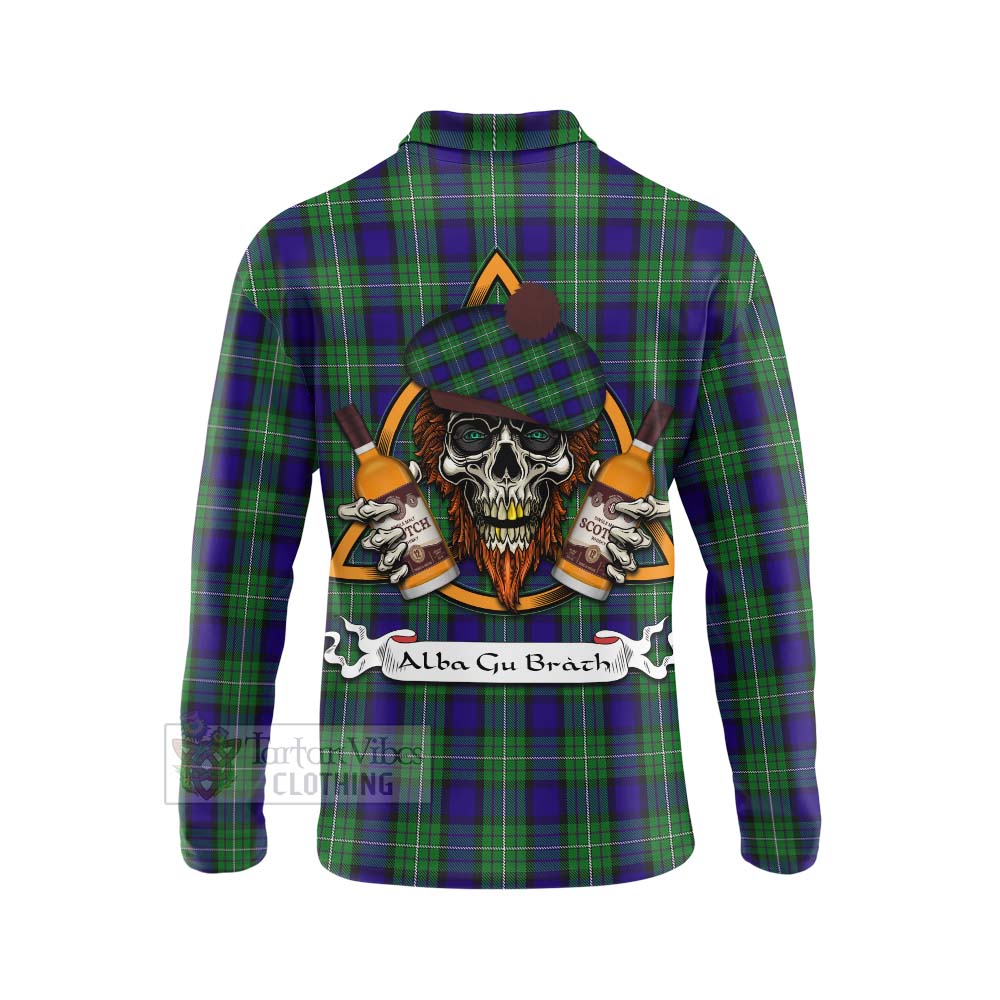 Tartan Vibes Clothing Alexander Tartan Long Sleeve Polo Shirt with Family Crest and Bearded Skull Holding Bottles of Whiskey