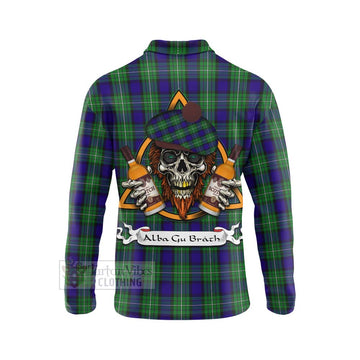 Tartan Vibes Clothing Alexander Tartan Long Sleeve Polo Shirt with Family Crest and Bearded Skull Holding Bottles of Whiskey