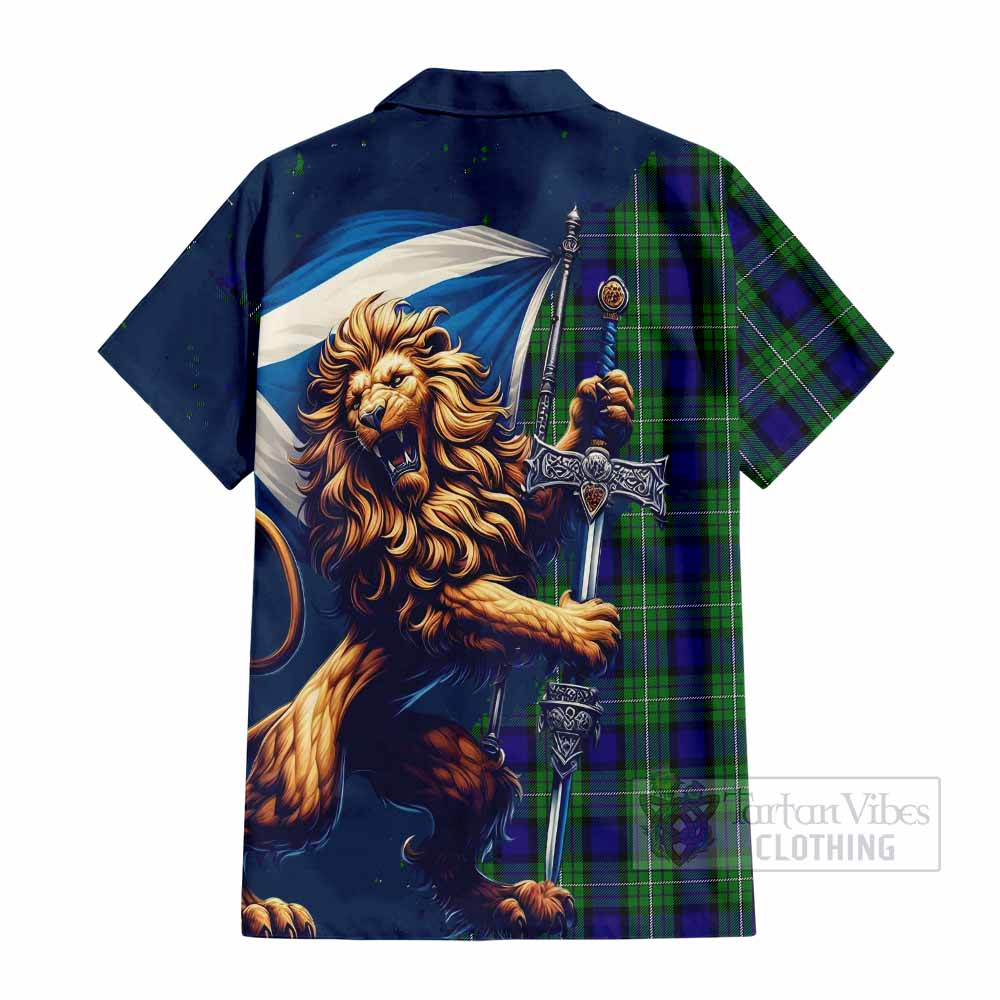 Tartan Vibes Clothing Alexander Tartan Family Crest Short Sleeve Button Shirt with Scottish Majestic Lion