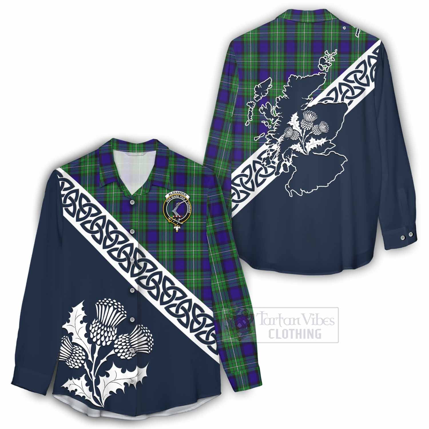 Tartan Vibes Clothing Alexander Tartan Women's Casual Shirt Featuring Thistle and Scotland Map