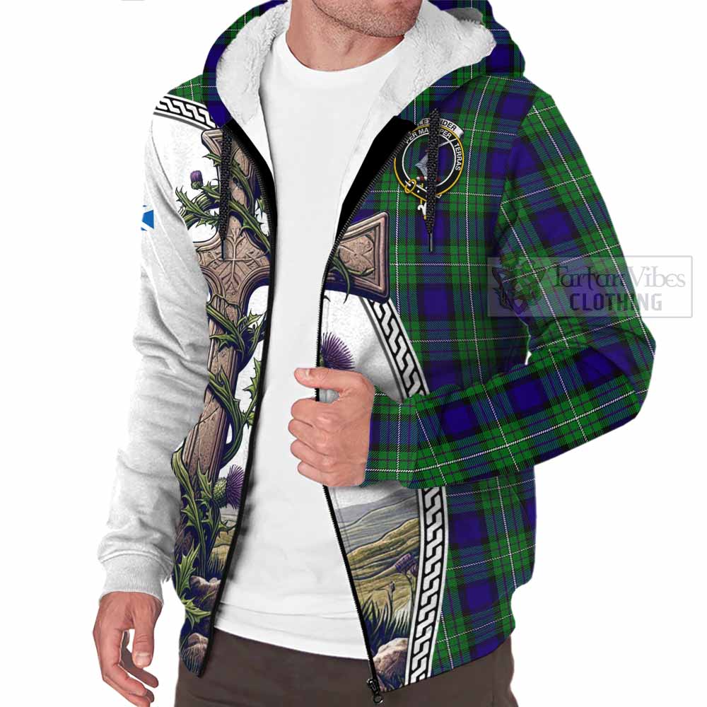 Tartan Vibes Clothing Alexander Tartan Sherpa Hoodie with Family Crest and St. Andrew's Cross Accented by Thistle Vines