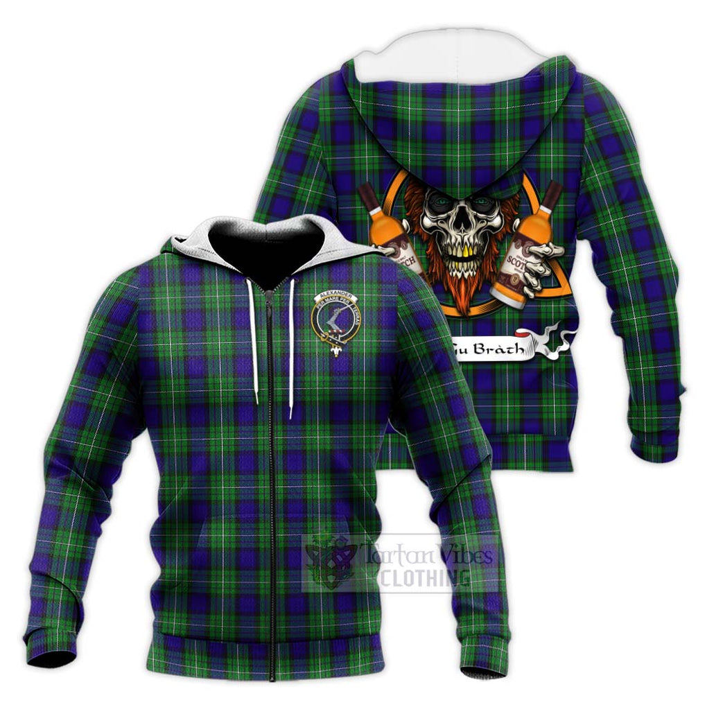 Tartan Vibes Clothing Alexander Tartan Knitted Hoodie with Family Crest and Bearded Skull Holding Bottles of Whiskey