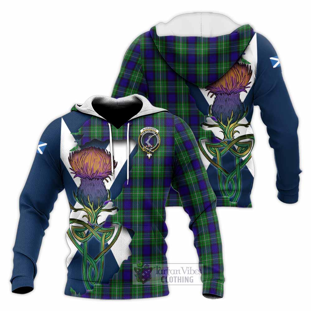 Tartan Vibes Clothing Alexander Tartan Family Crest Knitted Hoodie Scottish Thistle Celtic Inspired