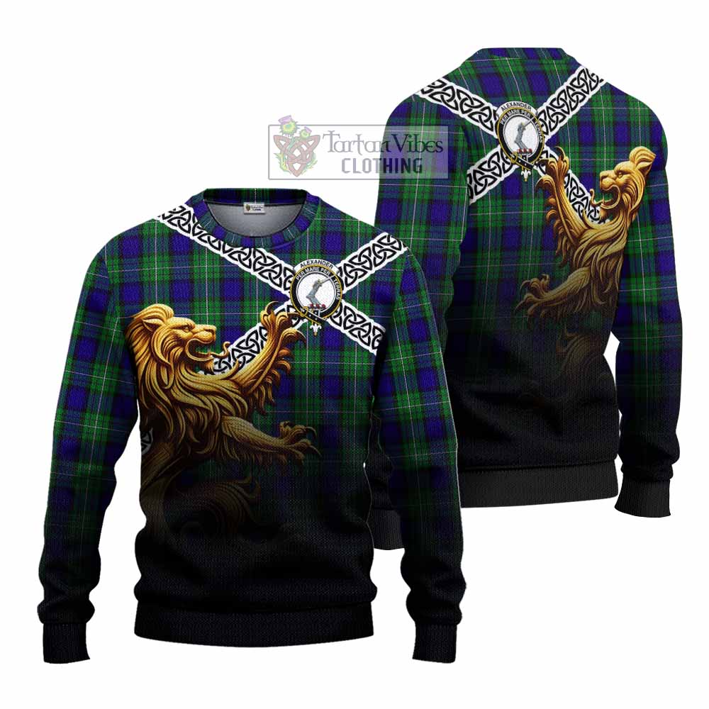 Tartan Vibes Clothing Alexander Crest Tartan Knitted Sweater with Golden Lion Emblem Celtic Style
