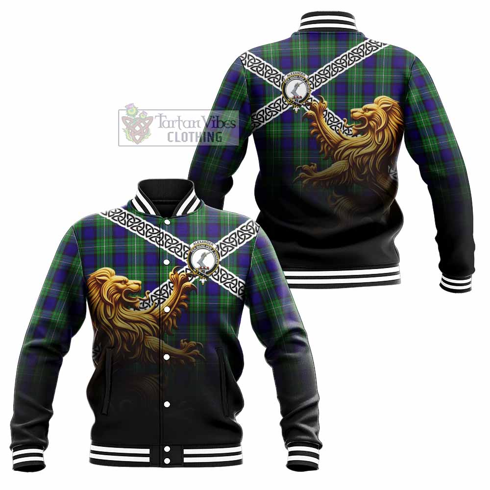 Tartan Vibes Clothing Alexander Crest Tartan Baseball Jacket with Golden Lion Emblem Celtic Style