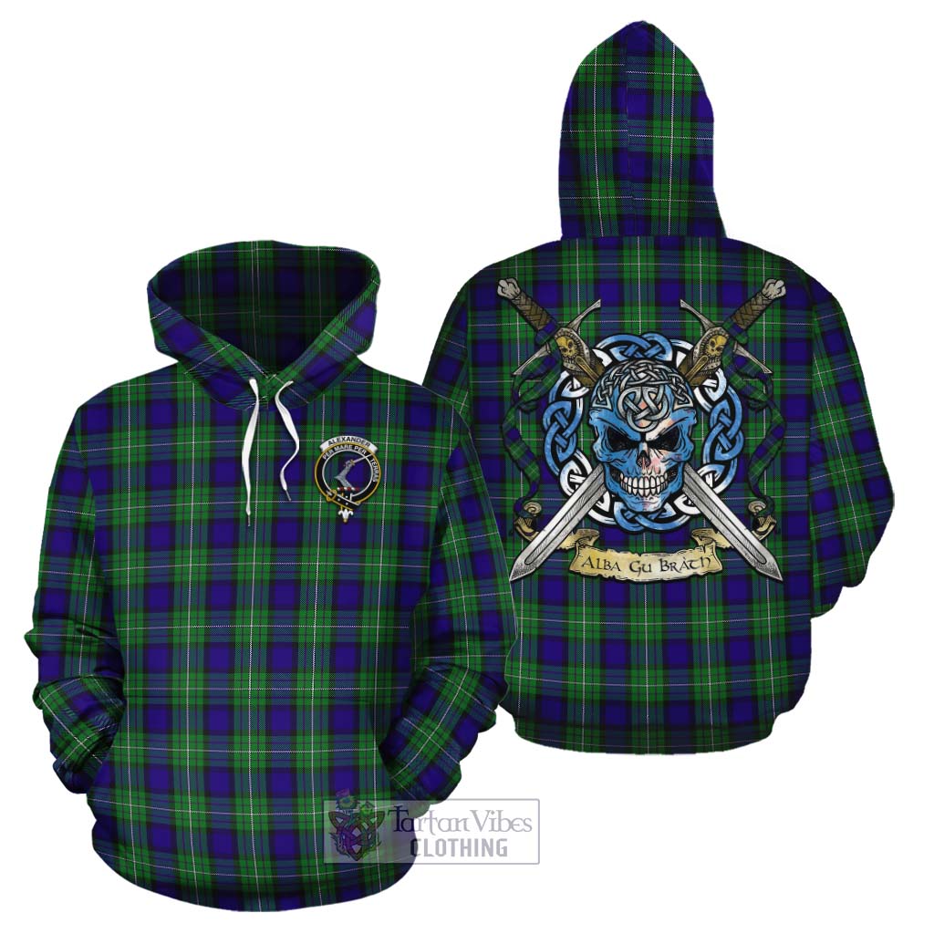 Tartan Vibes Clothing Alexander Tartan Cotton Hoodie with Family Crest Celtic Skull Style
