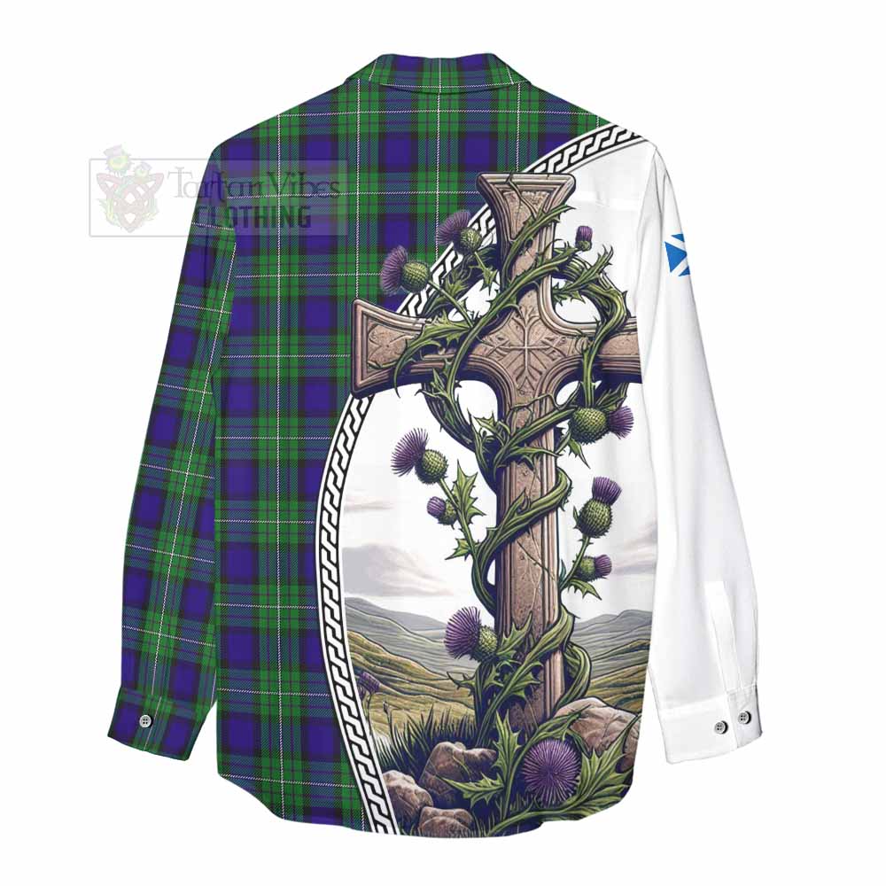 Tartan Vibes Clothing Alexander Tartan Women's Casual Shirt with Family Crest and St. Andrew's Cross Accented by Thistle Vines