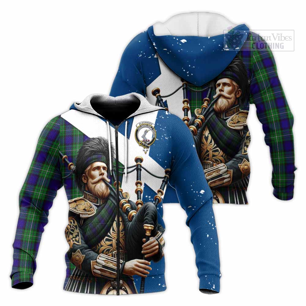 Tartan Vibes Clothing Alexander Tartan Knitted Hoodie with Family Crest Scottish Bagpiper Vibes