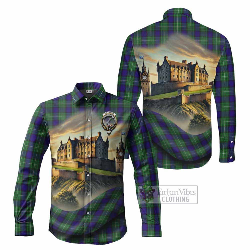 Tartan Vibes Clothing Alexander Tartan Family Crest Long Sleeve Button Shirt with Scottish Ancient Castle Style