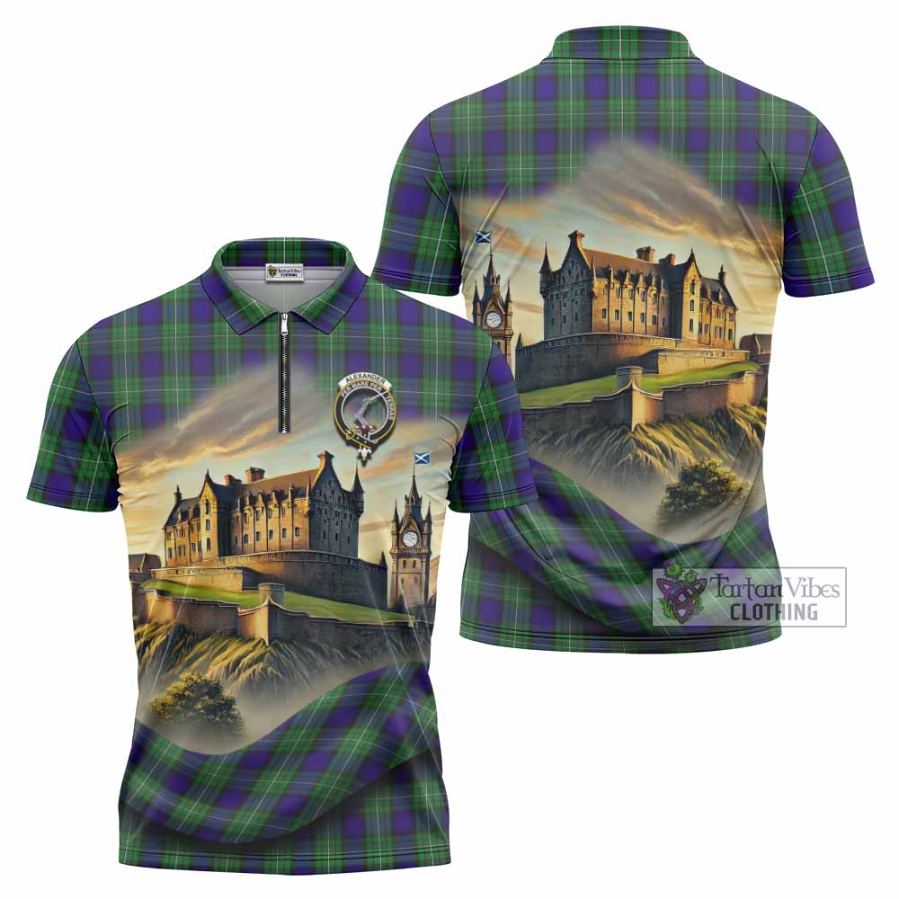 Tartan Vibes Clothing Alexander Tartan Family Crest Zipper Polo Shirt with Scottish Ancient Castle Stype