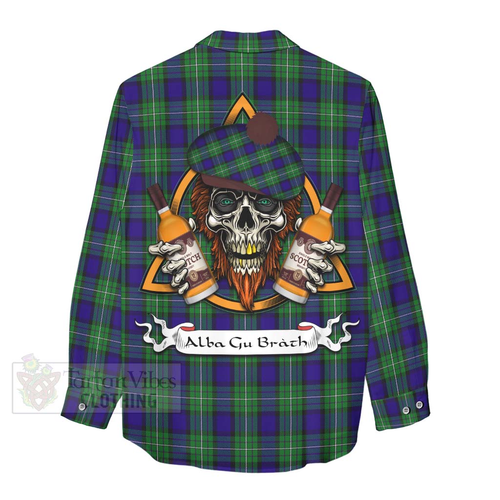 Tartan Vibes Clothing Alexander Tartan Women's Casual Shirt with Family Crest and Bearded Skull Holding Bottles of Whiskey