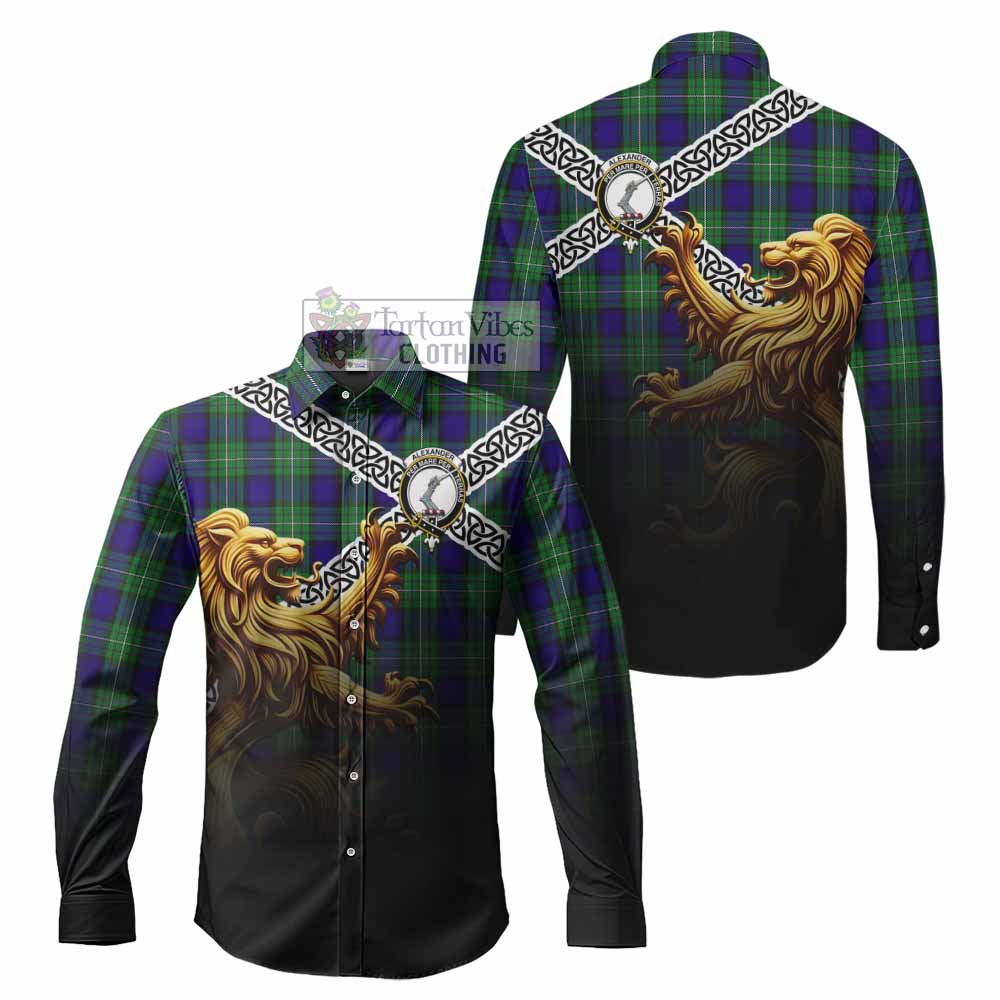 Tartan Vibes Clothing Alexander Crest Tartan Long Sleeve Button Shirt with Golden Lion Emblem Celtic Style