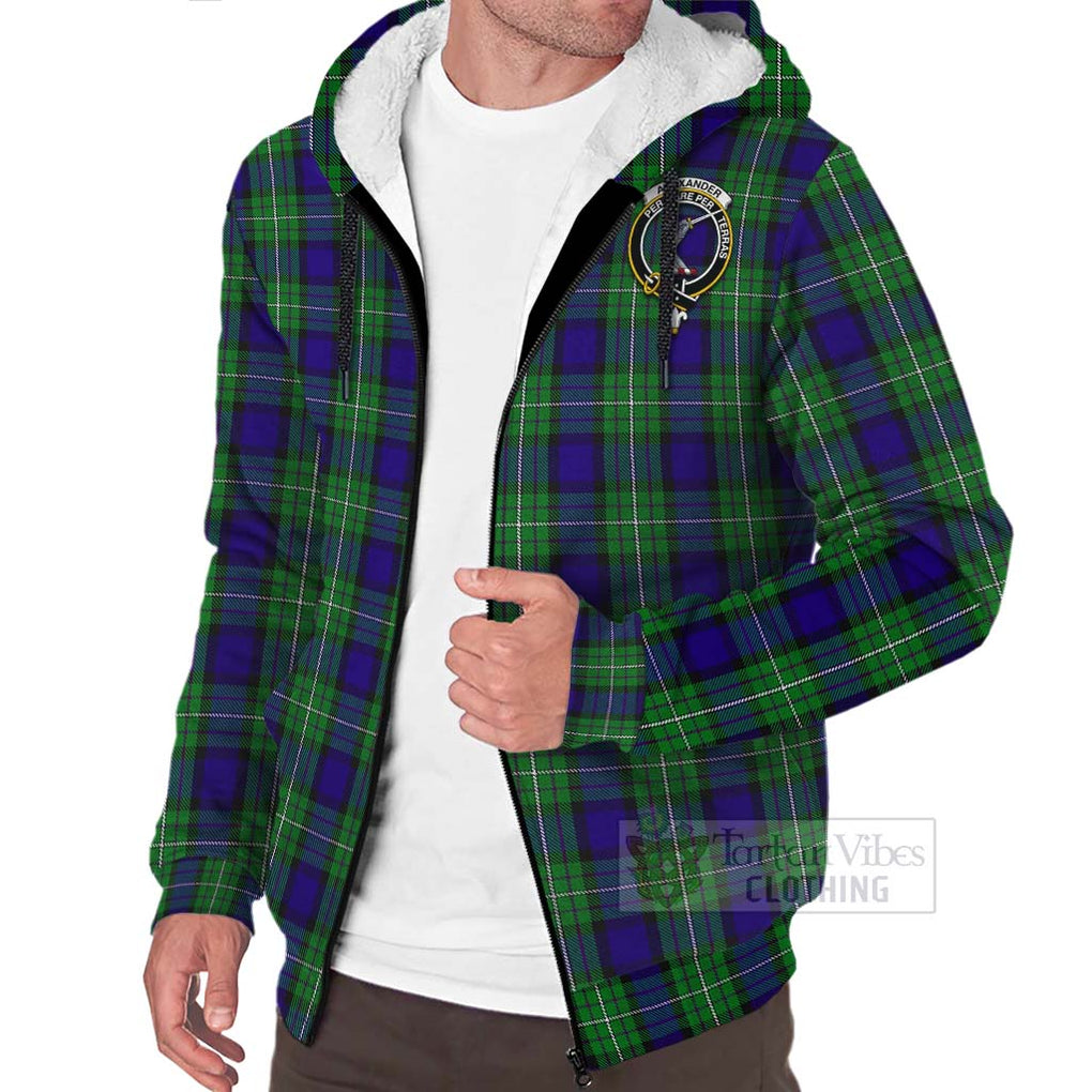 Tartan Vibes Clothing Alexander Tartan Sherpa Hoodie with Family Crest and Bearded Skull Holding Bottles of Whiskey