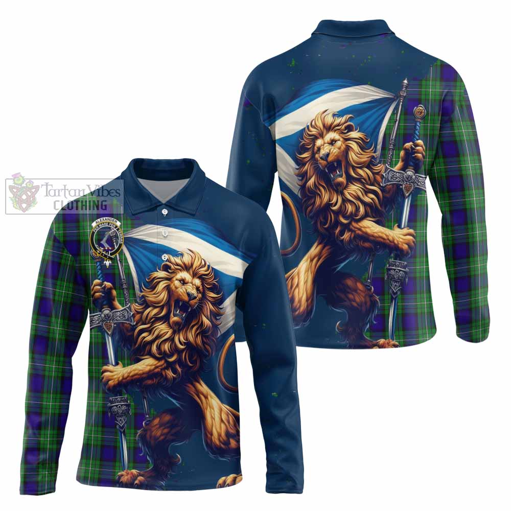 Tartan Vibes Clothing Alexander Tartan Family Crest Long Sleeve Polo Shirt with Scottish Majestic Lion