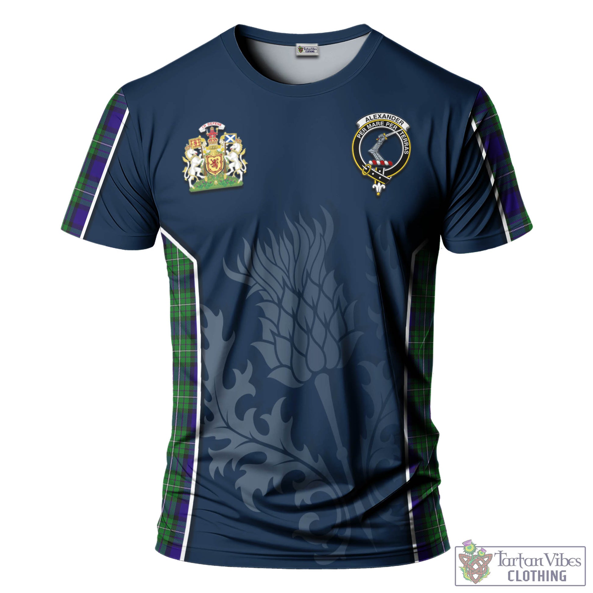 Tartan Vibes Clothing Alexander Tartan T-Shirt with Family Crest and Scottish Thistle Vibes Sport Style