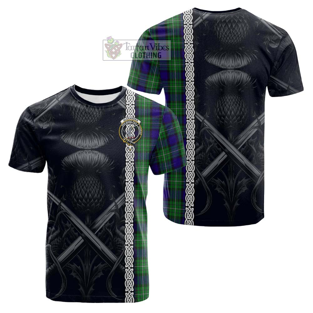 Tartan Vibes Clothing Alexander Tartan Cotton T-shirt with Family Crest Cross Sword Thistle Celtic Vibes