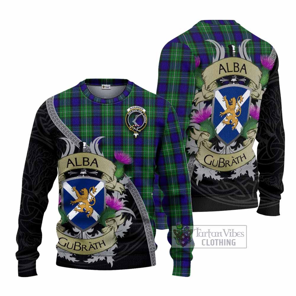 Tartan Vibes Clothing Alexander Tartan Family Crest Knitted Sweater Lion Rampant Royal Thistle Shield Celtic Inspired