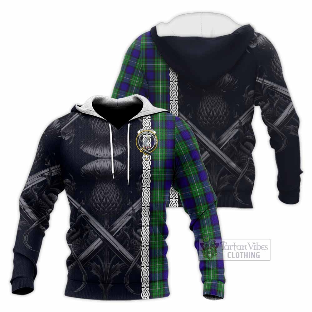 Tartan Vibes Clothing Alexander Tartan Knitted Hoodie with Family Crest Cross Sword Thistle Celtic Vibes