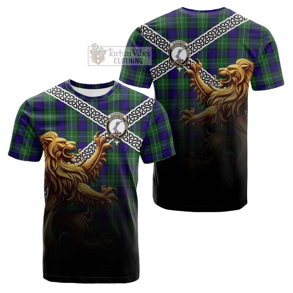 Tartan Vibes Clothing Alexander Crest Tartan Cotton T-shirt with Golden Lion Emblem Celtic Style