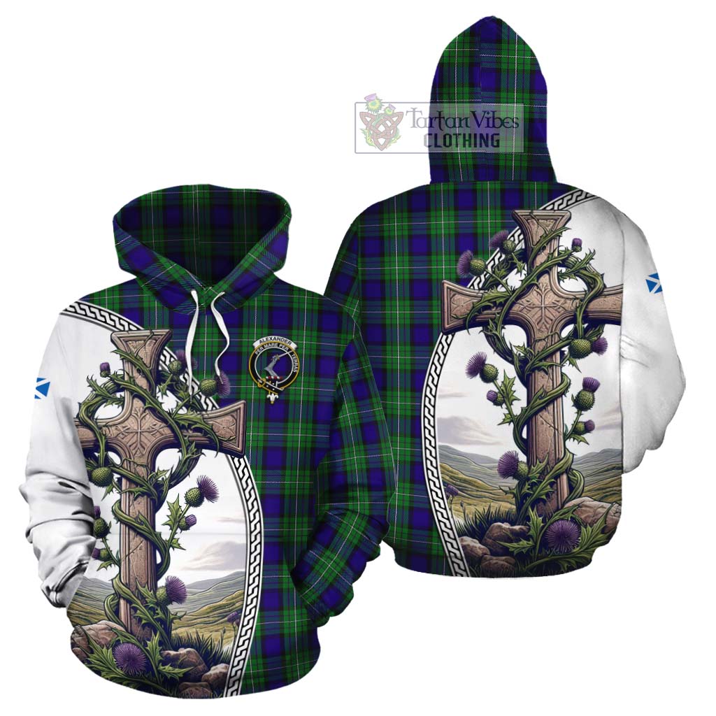 Tartan Vibes Clothing Alexander Tartan Cotton Hoodie with Family Crest and St. Andrew's Cross Accented by Thistle Vines