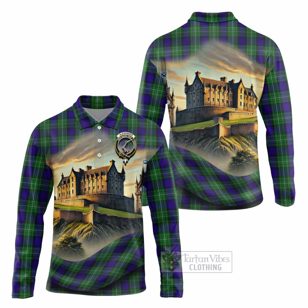 Tartan Vibes Clothing Alexander Tartan Family Crest Long Sleeve Polo Shirt with Scottish Ancient Castle Style