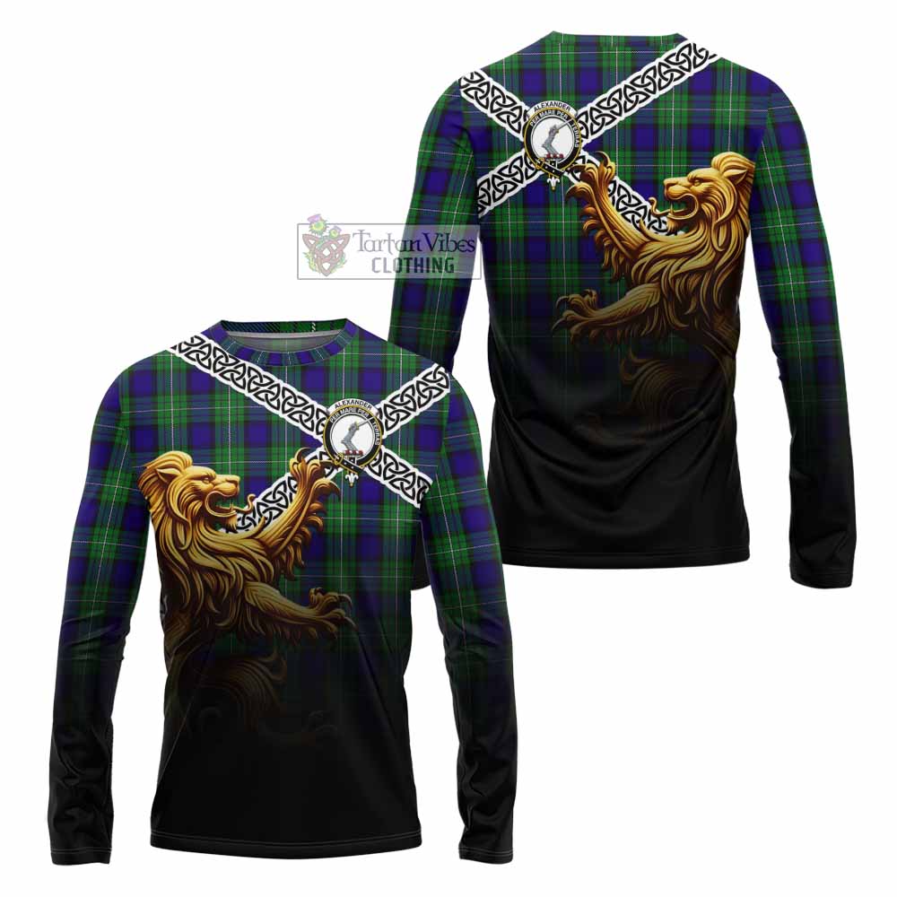Tartan Vibes Clothing Alexander Crest Tartan Long Sleeve T-Shirt with Golden Lion Emblem Celtic Style