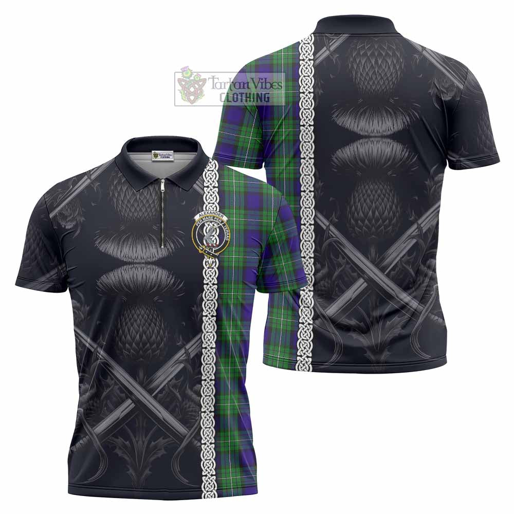 Tartan Vibes Clothing Alexander Tartan Zipper Polo Shirt with Family Crest Cross Sword Thistle Celtic Vibes