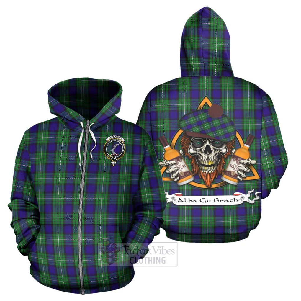 Tartan Vibes Clothing Alexander Tartan Hoodie with Family Crest and Bearded Skull Holding Bottles of Whiskey
