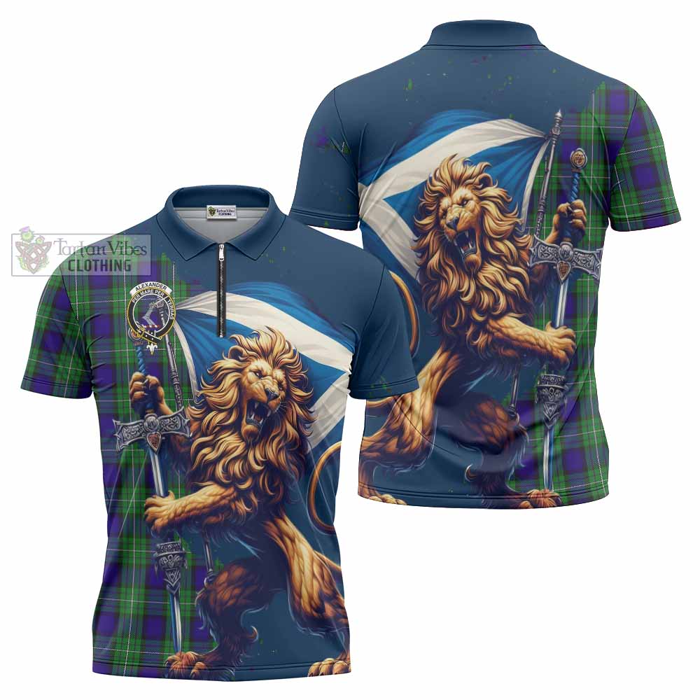 Tartan Vibes Clothing Alexander Tartan Family Crest Zipper Polo Shirt with Scottish Majestic Lion