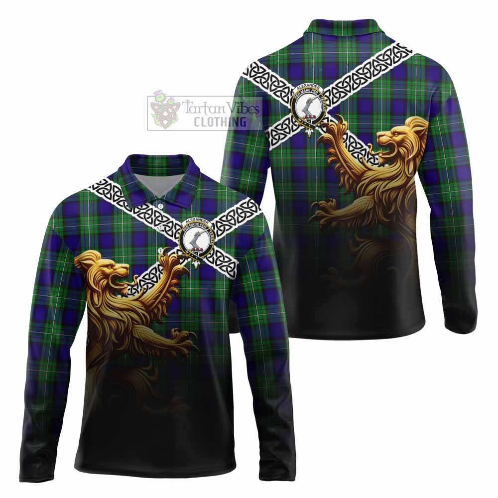 Tartan Vibes Clothing Alexander Crest Tartan Long Sleeve Polo Shirt with Golden Lion Emblem Celtic Style