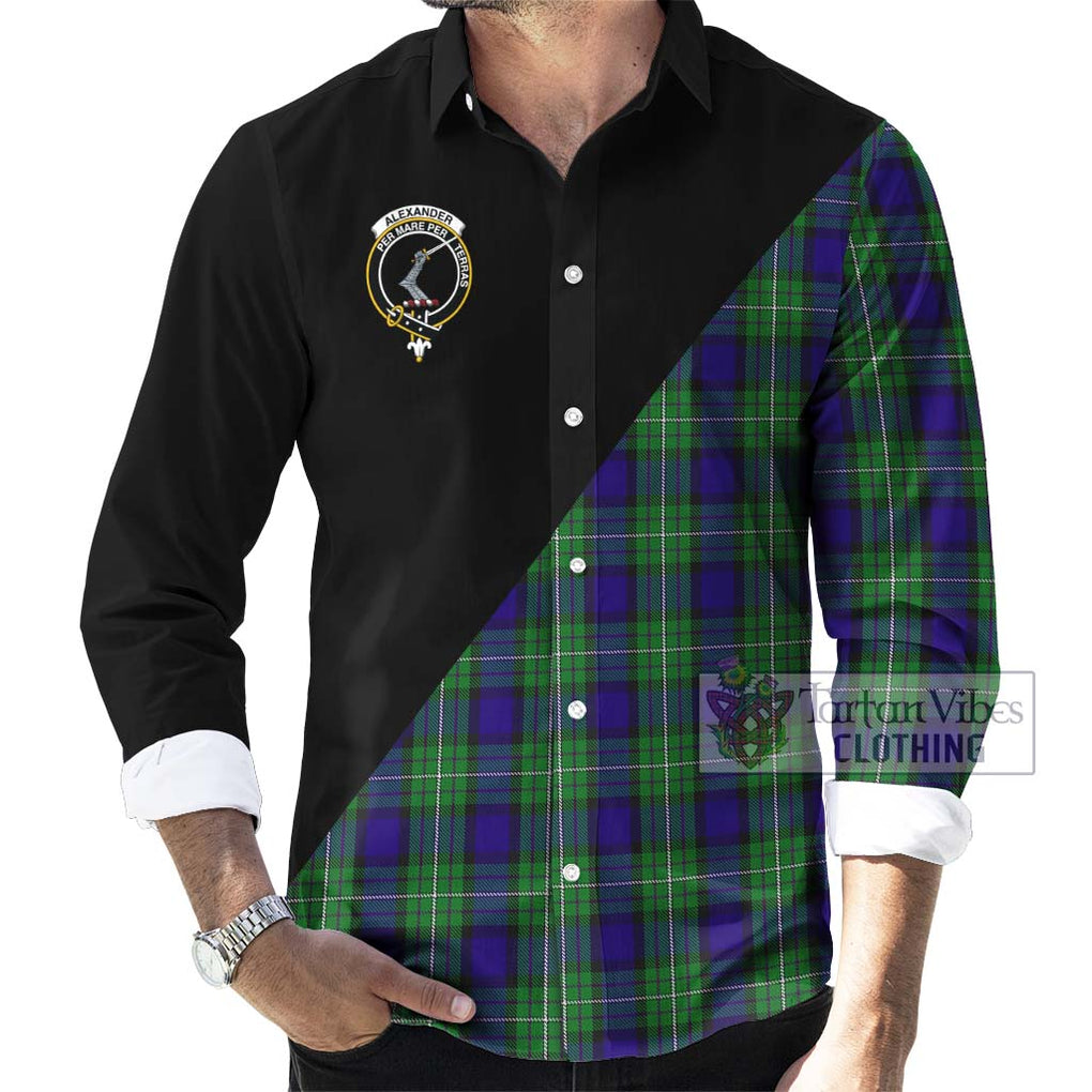 Alexander Tartan Long Sleeve Button Shirt with Family Crest and Military Logo Style - Tartanvibesclothing Shop