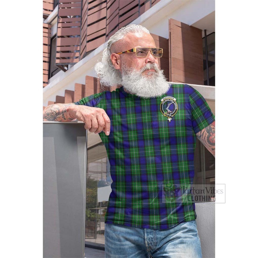 Tartan Vibes Clothing Alexander Tartan Cotton T-shirt with Family Crest and Bearded Skull Holding Bottles of Whiskey