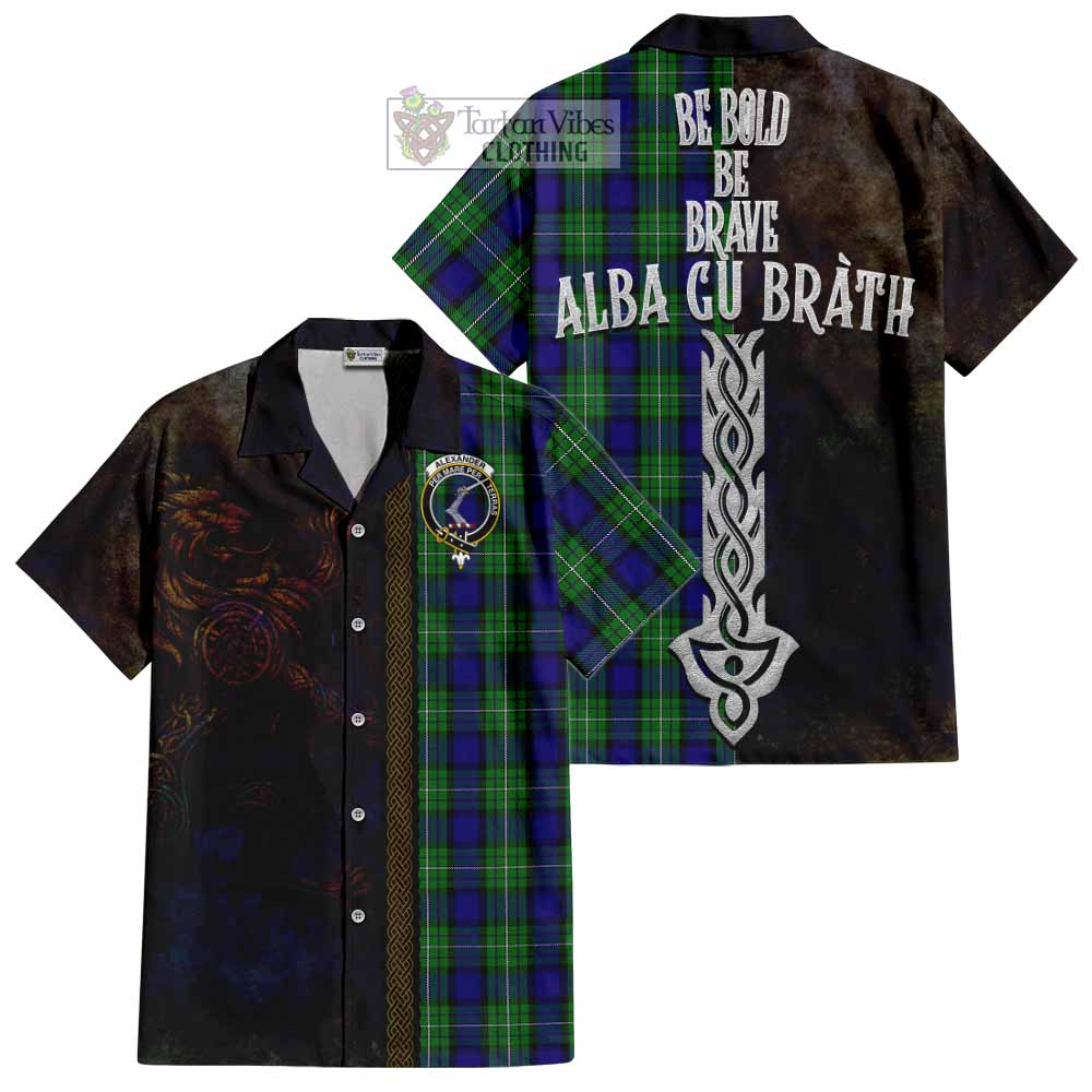 Tartan Vibes Clothing Alexander Tartan Family Crest Short Sleeve Button Shirt Alba Gu Brath Be Brave Lion Ancient Style