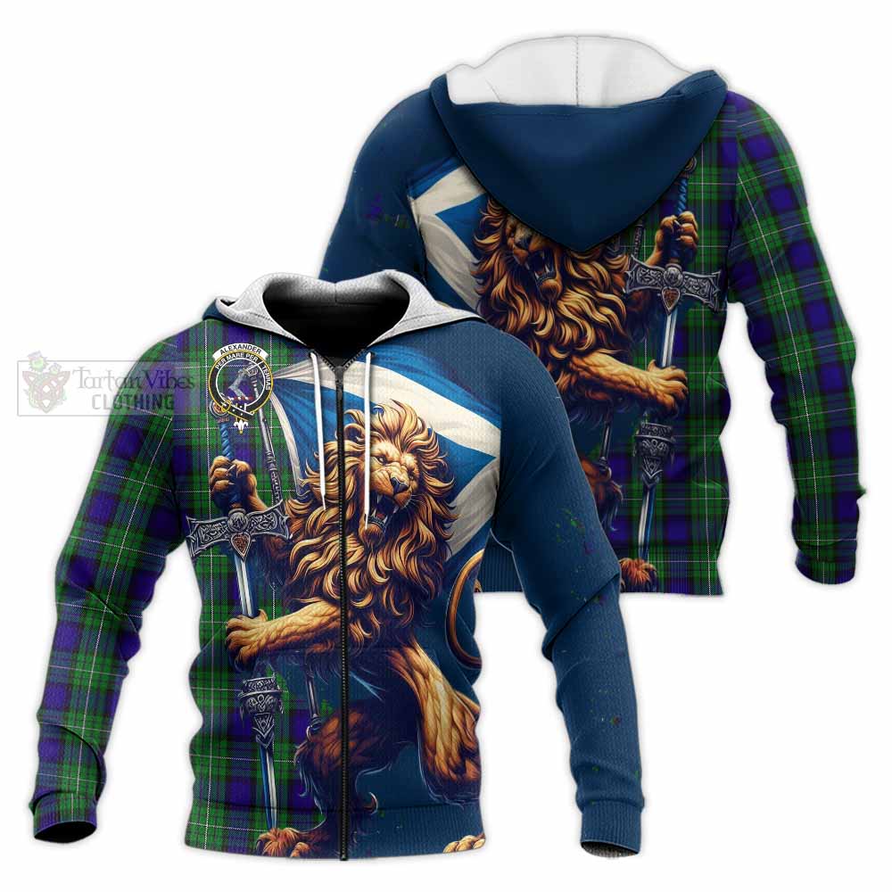 Tartan Vibes Clothing Alexander Tartan Family Crest Knitted Hoodie with Scottish Majestic Lion